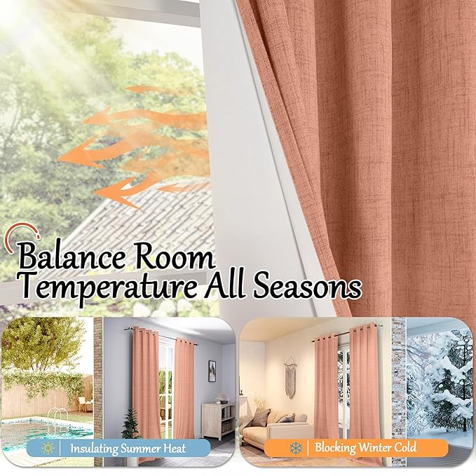 Lajode 60 Inch Wide Linen Blackout Fall Curtains for Bedroom, Terracotta Curtains 63 Inch Long 2 Panels, Total Black Out Thermal Insulated Energy Saving Boho Window Drapes, 60x63 Inch 2 Panels