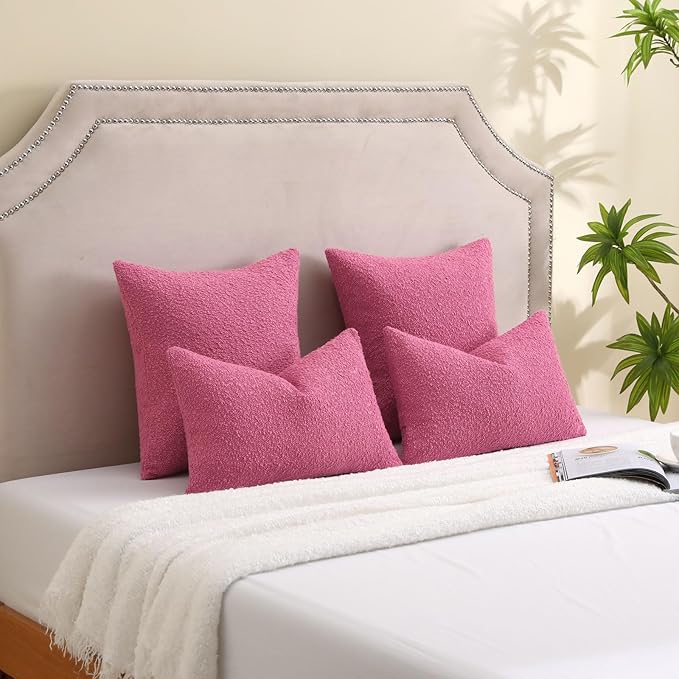 FUTEI Pack of 2 Hot Pink Decorative Throw Pillow Covers 20x20 Inch Soft Cozy Solid Boucle Textured Cushion Case,Modern Home Decor for Couch Bed Living Room