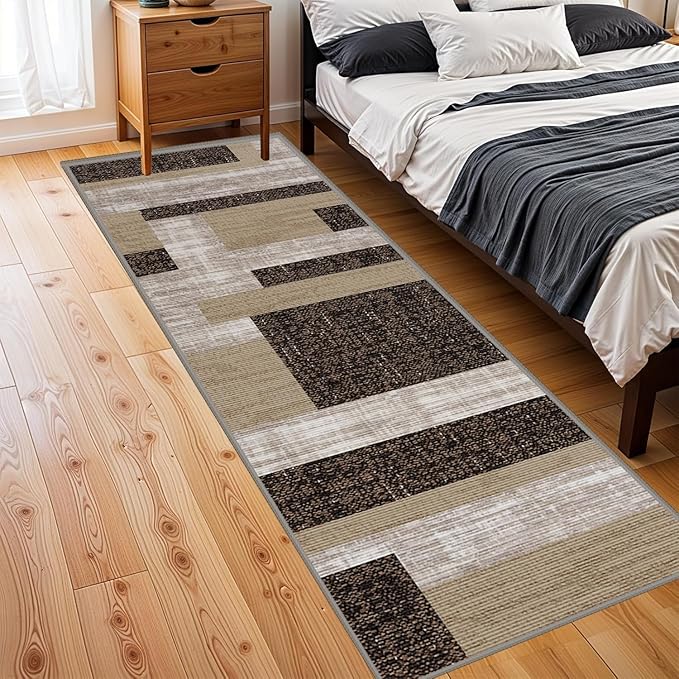 Modern Geometric Patchwork Long Hallway Rug Runners, 2x10ft, Neutral Brown Geometry Aesthetic Entrance Carpet, Absorbent Washable Foldable No Crease High Traffic Mat for Laundryroom
