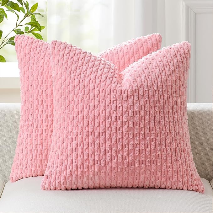 Kevin Textile Valentines Day Decorative Pillow Covers Set of 2 Striped Plush Corduroy Pillows Pillowcases Boho Home Decor Cushion Covers for Couch Sofa Bed Living Room 18x18 Inch, Pink