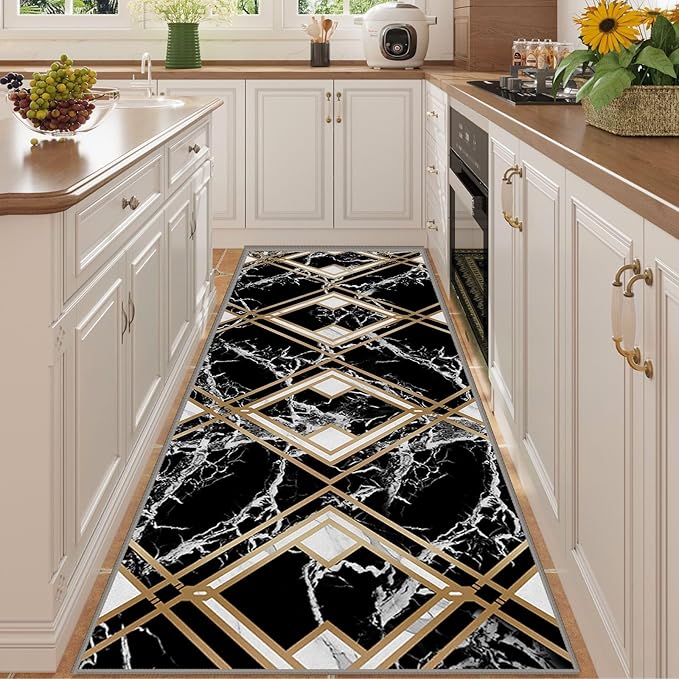 Diamond Geometric Print Area Rug for Bedroom, 2x7ft, Modern Black White Marble Home Decor Carpet, Durable Soft Cozy Non Slip Rug, Breathable Non Shedding Mats for Front Porch