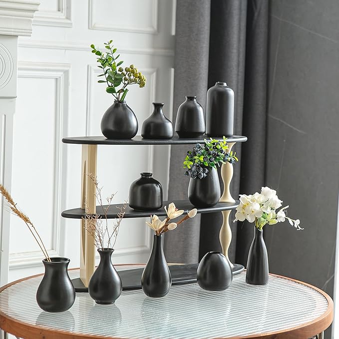 JOJUNO Black Bud Vases, Small Ceramic Vase Set of 11, Mini Pottery Vases for Flowers, Decorative Pieces for Home Modern Decor, Boho Decor, Chic Accents for Living Room Dining Table Shelves