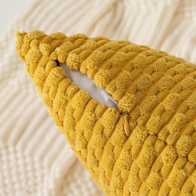 Kevin Textile Throw Pillow Covers Soft Corduroy Decorative Set of 2 Boho Striped Pillow Covers Pillowcases Farmhouse Home Decor for Couch Bed Sofa Living Room 16x16 Inch Mustard Yellow