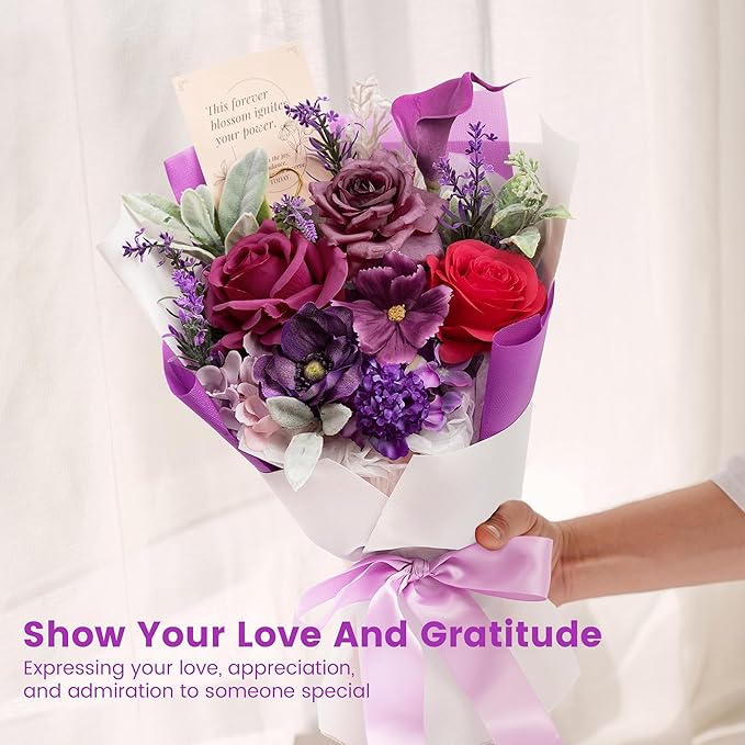 TINGE TIME Aritifical Flowers Bouquet, Purple Gift Bouquet, Birthday Gifts for Women, Eternal Roses Bouquet for Grandma Wife Anniversary