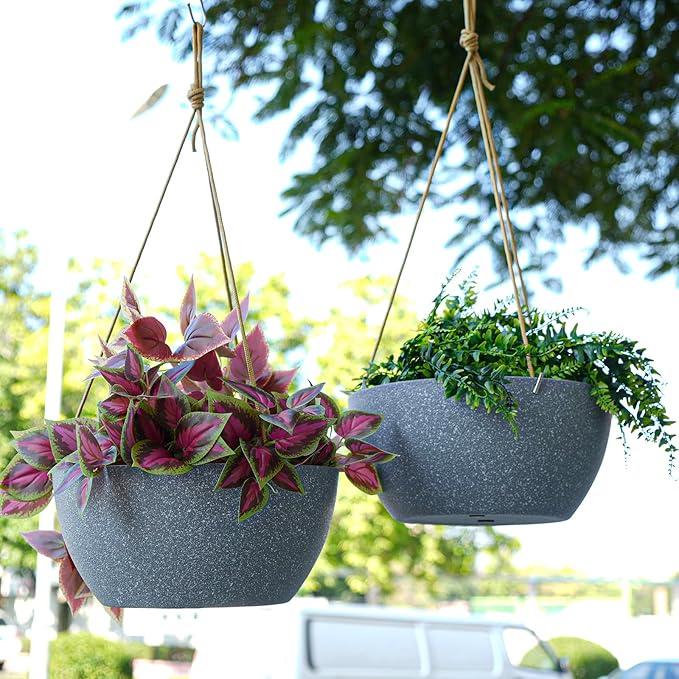 12 Inch 2 Pack Large Hanging Planters for Indoor Outdoor Plants, Plastic Hanging Basket Pots for House Plants Flowers, Grey
