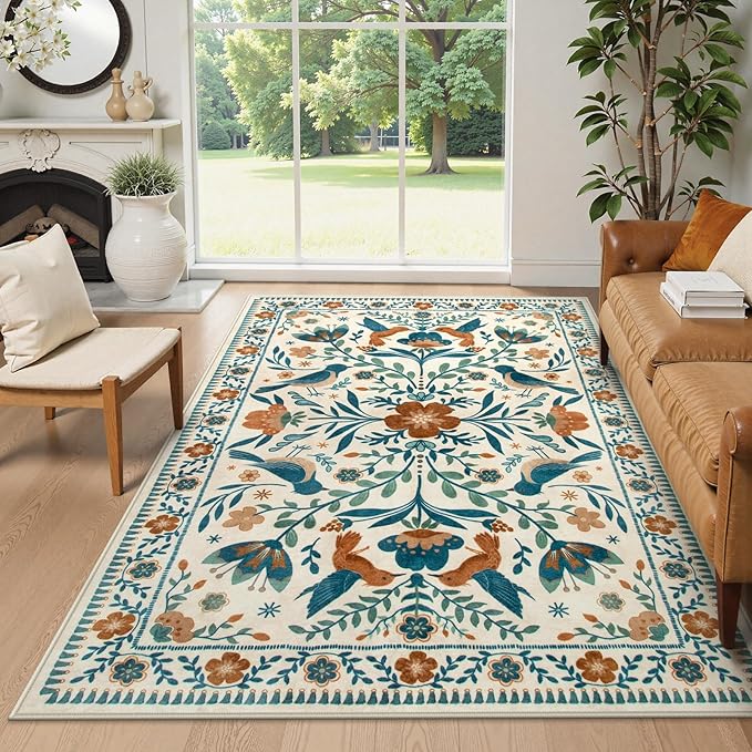 Moynesa Floral Bird 6x9 Area Rug for Living Room Bedroom Dining Room, Retro Home Decorations for Modern Bohemian Farmhouse Open Areas, Family Friendly Comfort Floor Protection Non-Slip Washable