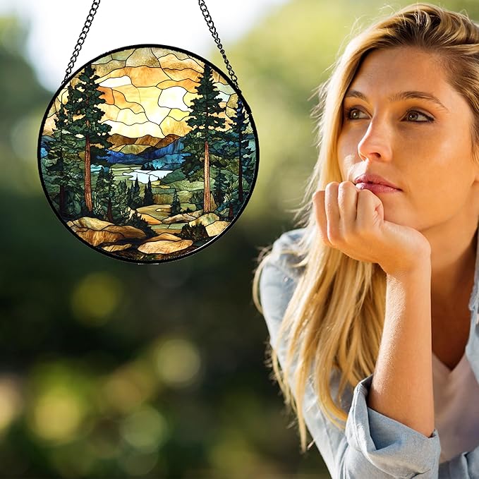 Stained Glass Window Hanging Forest Lake Mountain Sunset Large 11.8" - Suncatcher Door Garden Sunroom Sun Catcher Home Decor Birthday Christmas for Mom Men Woman Nana Friend