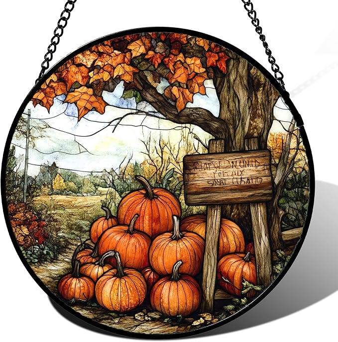 DASTOLL Stained Glass Window Hanging Fall Farm Scenery Maple Trees Pumpkin 6.3" - Suncatcher Door Garden Kitchen Sun Catcher Autumn Decor Birthday for Mom Nana Men Woman Friend
