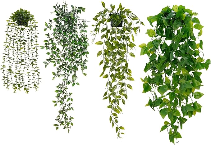 BLEUM CADE Fake Hanging Plants Mixed Set, 4pcs Artificial Hanging Plant, Faux Hanging Potted Plants Greenery for Wall Shelf Home Living Room Indoor Outdoor Decor
