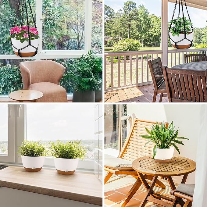 10 Inch Hanging Planter, 2 Pack Hanging Plant Self Watering Pot with Drainage Holes & Saucers, Hanging Baskets Flower Pots with Black Macrame Rope Hangers for Garden Home -White