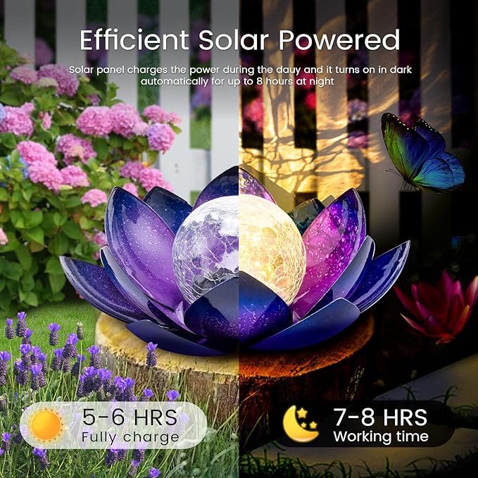Huaxu Solar Lights for Outdoor Decor, Purple Lotus Flower Light, Waterproof LED Crackle Globe Glass Lamp for Garden, Patio, Yard, Porch, Pathway, Ground, Tabletop Christmas Gifts for Mom,Women