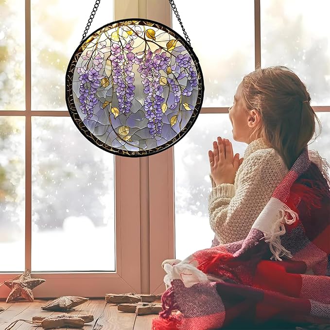 Stained Glass Window Hanging - Wisteria Flower Golden Leaves Sun Catcher for Door Home Decor Plant Suncatcher Christmas Mother's Day Birthday Gifts for Women Men Lovers Mom Nana 7.8 in