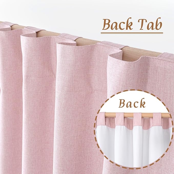 LAMIT Pink 100% Blackout Linen Curtains, 63 Inches Linen Textured Thermal Bedroom Curtains Back Tab and Rod Pocket Neutral Panels with White Liner for Farmhouse, 2 Panels, 38 x 63 Inch
