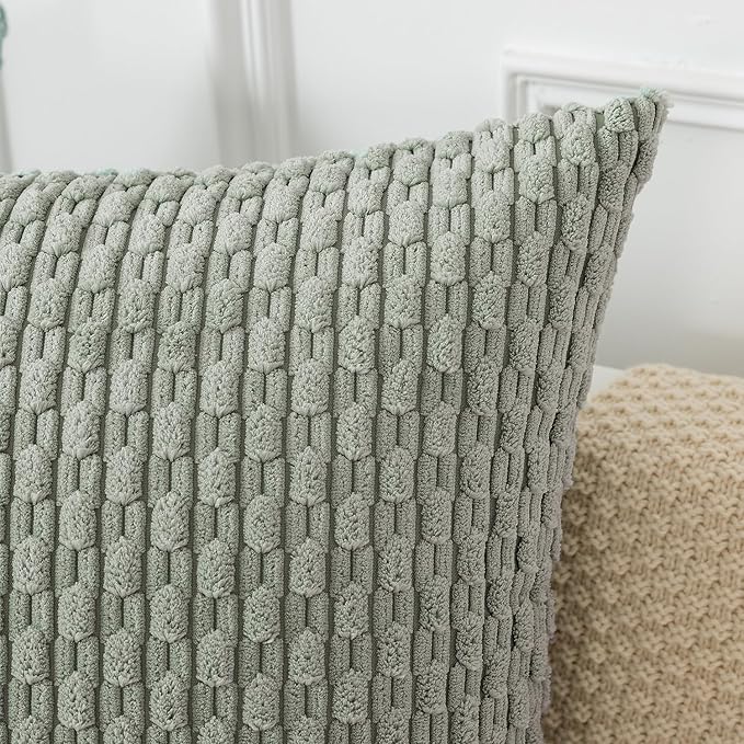 Kevin Textile Throw Pillow Covers Soft Corduroy Decorative Set of 2 Boho Striped Pillow Covers Pillowcases Farmhouse Home Decor for Couch Bed Sofa Living Room 18x18 Inch Greyish Green