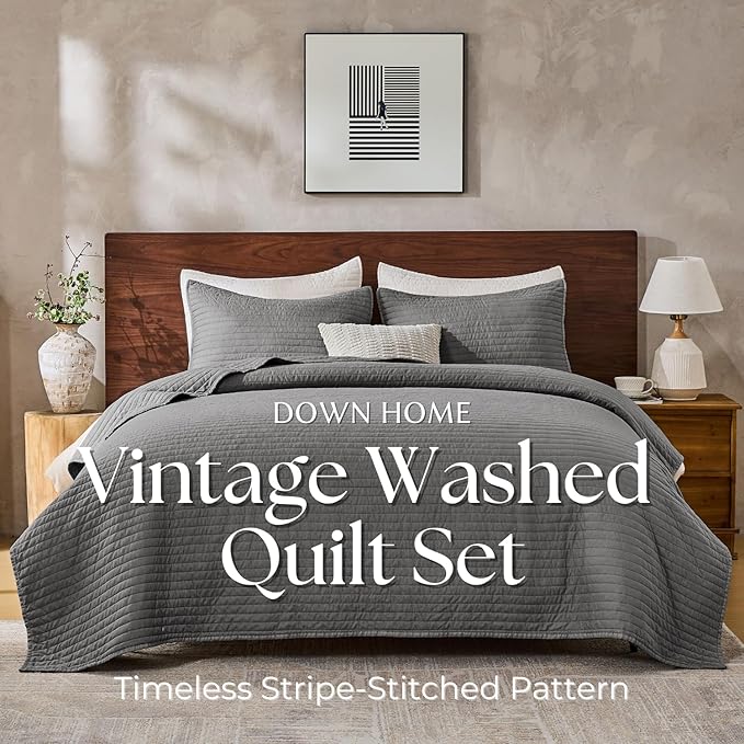 DOWN HOME Queen Quilt Bedding Set with Shams, Vintage Washed Soft Quilted Blanket Thin Comforter Lightweight Bedspread Coverlet Bed Cover, Brushed Microfiber Stripe Stitching, Ash Gray, 86"x90"