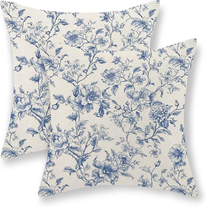 Blue Pillow Covers 16x16 Set of 2 Blue and Cream Floral Chinoiserie Throw Pillows Vintage Rustic Toile Flower Decorative Pillow Cases Outdoor Chinoiserie Decor Cushion Case for Couch Bed Sofa