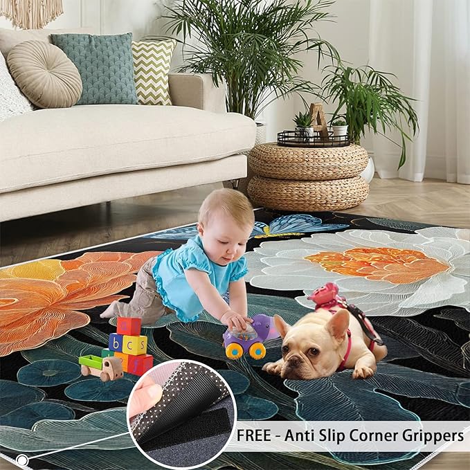 Flowers 2x3 Area Rugs for Living Room Classic Petals Washable Rug Orange-Yellow Flowers Rug Non Slip Low Pile Soft Area Rugs for Bedroom Bedside Dining Room Kids