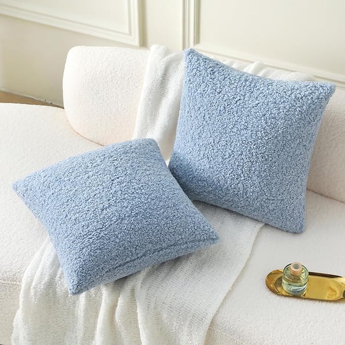 FUTEI Light Blue Throw Pillow Covers 16x16 Inch Set of 2,Furry Faux Fur Teddy Boucle Textured Cushion Covers,Soft Fluffy Decorative Pillow Case,Home Decor for Couch Bed Living Room Office Car