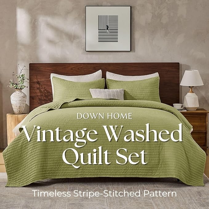 DOWN HOME Twin Quilt Bedding Set with Sham, Vintage Washed Soft Quilted Blanket Thin Comforter Lightweight Bedspread Coverlet Bed Cover, Brushed Microfiber Stripe Stitching, Golden Olive, 66"x92"