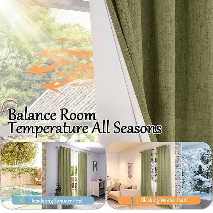 Lajode 100% Linen Blackout Curtains for Bedroom Living Room 45 Inch Long 2 Panels, Thermal Insulated Light Blocking Soundproof Curtains, Noise Reducing Window Drapes 52x45 Inch 2 Panels, Olive Green