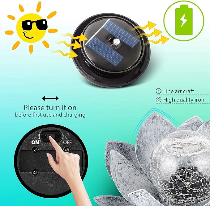 Huaxu Solar Lights Outdoor Garden, Crackle Globe Glass Lotus Decor, Waterproof LED Metal Flower Decorations for Patio,Lawn,Walkway,Tabletop,Ground