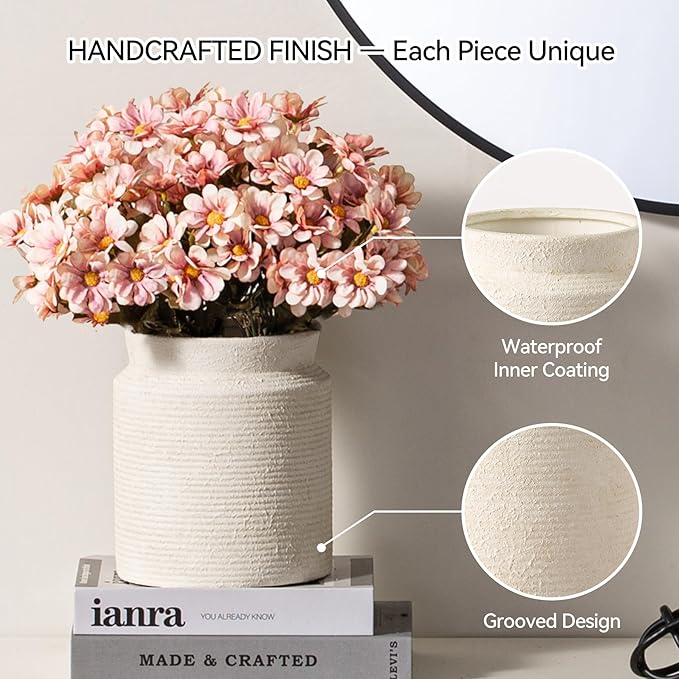 Ceramic Flower Vase 7.5 inch Farmhouse Rustic Vase for Home Decor Handcrafted Pottery Terracotta Vases for Dining Table Decor Fireplace Living Room Bathroom Wedding Centerpiece (01-White)