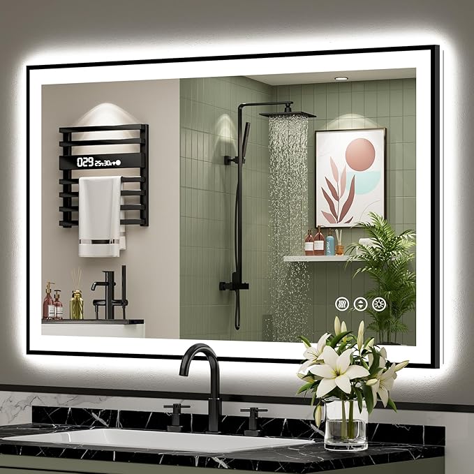 44x30 Black Framed LED Bathroom Mirror with Lights, Backlit + Front Lit, Anti-Fog Lighted Vanity Mirror for Bathroom Wall with 3 Colors, Dimmable, Memory, Tempered Glass, Horizontal/Vertical