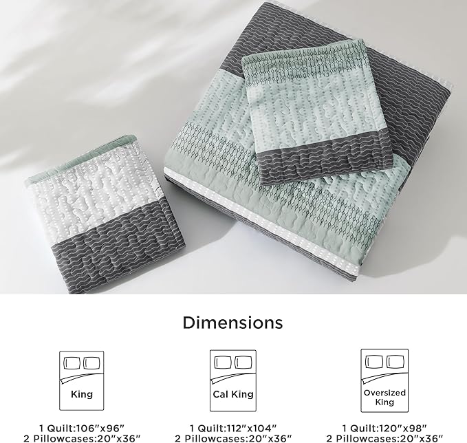 Litanika Quilt King Size Sage Green, Stripe Patchwork Summer Bedspread Coverlet 3 Pieces, Soft Lightweight Microfiber Quilted Bedding Set for All Season(1 Quilt, 2 Pillowcases)