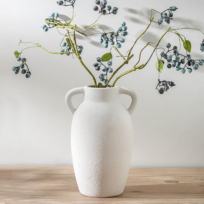 Ceramic Farmhouse Vase with 2 Handles, Boho Decorative Flower Vase for Home Decor, Living Room, Entryway, Table, Shelf Decor, 9.6 Inch