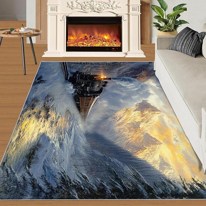 Train 2x3 Area Rugs,Forest and Mountains Bedroom Rug Winter Landscape Non-Slip Washable Rug for Living Room Nursery Kitchen Low-Pile Carpet