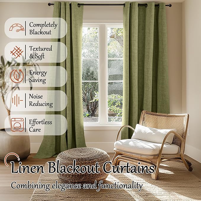 Lajode Olive Green Linen Blackout Curtains - 84 Inch Long Total Black Out Curtains for Bedroom Living Room, Thermal Insulated Room Darkening Light Blocking Faux Linen Curtains Each 52x84 Inch 2 Panels