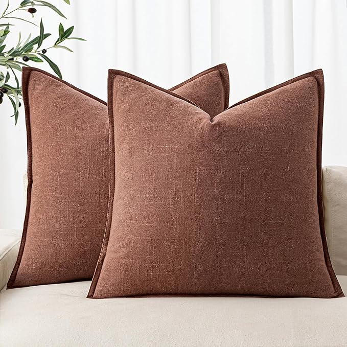 MIULEE Decorative Linen Euro Sham Pillow Covers 24x24 Rust Red Boho Farmhouse Neutral Couch Throw Pillows for Bed Pack of 2 Accent Modern Pillowcase Sofa Livingroom Home Decor
