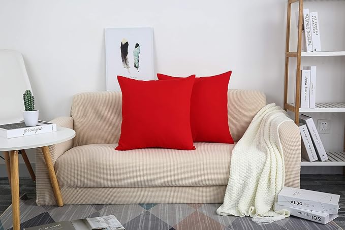 TangDepot Handmade Decorative Solid 100% Cotton Canvas Throw Pillow Covers/Pillow Shams, (24"x24", Red)