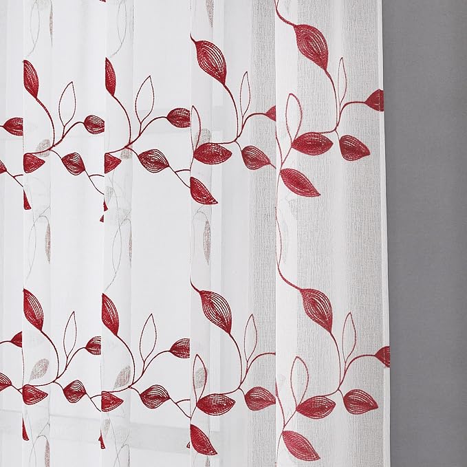Tollpiz Burgundy Red Leaf Sheer Curtains Leaves Embroidered Living Room Short Curtain Rod Pocket Voile Window Treatments for Bedroom, 54 x 45 inches Long, Set of 2 Panels
