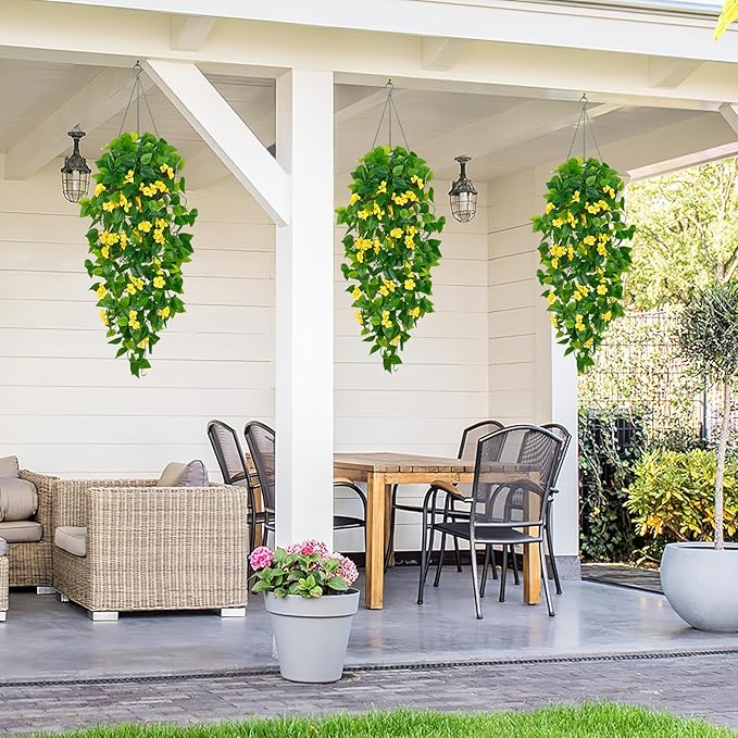 BLEUM CADE Artificial Hanging Flowers for Outdoors, 4pcs Fake Hanging Plants Pothos Vines with Yellow Flowers for Wall Home Living Room Indoor Outdoor Decor (No Baskets)