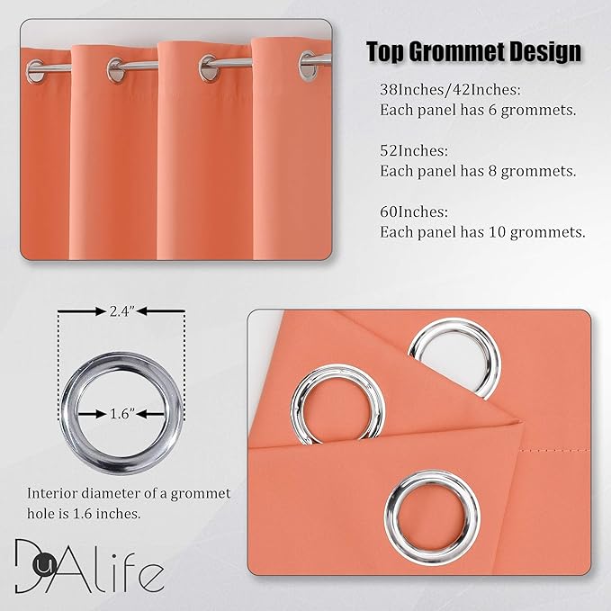 DUALIFE Coral Curtain Panels for Girls Bedroom 54 Inch Length 2 Panels Set Peach Salmon Color Curtains for Nursery Grommet 52 W x 54 L Inch