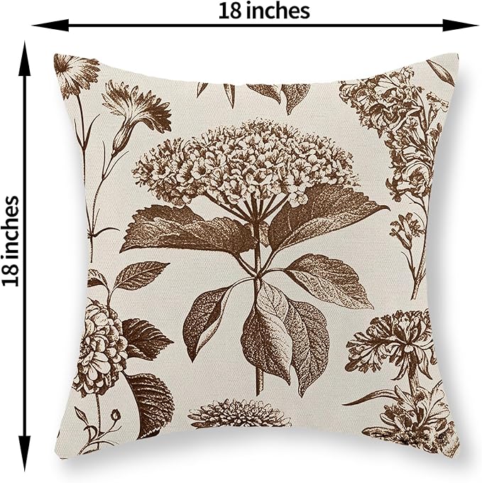 Brown Pillow Covers 18x18 Set of 2 Vintage Boho Floral Hydrangea Herbs Botanical Throw Pillow Cover Outdoor Flower Decorative Pillowcase Linen Farmhouse Cushion Case Decor for Couch Sofa