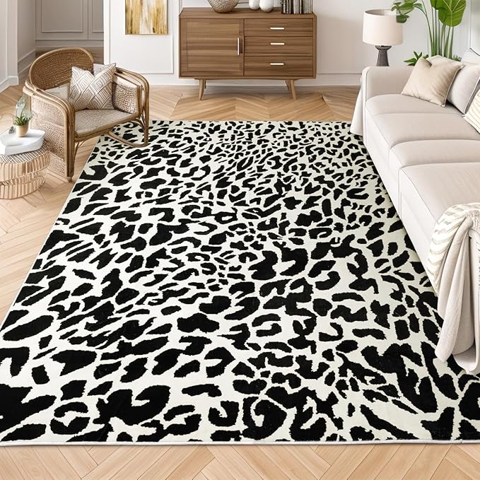 YIHOUSE Leopard Rug for Living Room, 5x7 Black and White Cute Cheetah Print Rug Modern Washable Ultra-Thin Animal Printed Rugs for Bedroom, Girls Boys Dorm Room Nursery Room, Playroom