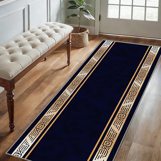 Abstract Navy Blue Runner for Entryway, 3.3x7ft, Retro Luxury Gold Geometric Border Living Room Rug, Print Fade Resistant Absorbent Dirty Resistant Long Indoor Rugs for Bedside Sofa
