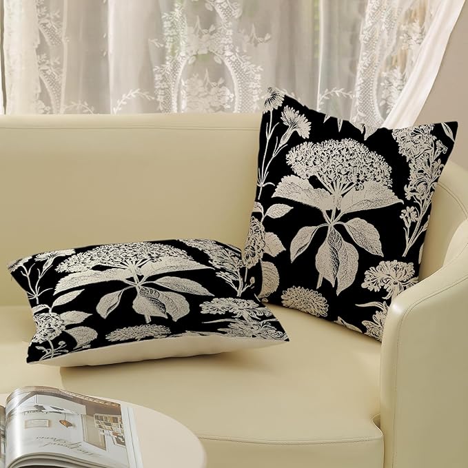 Black Pillow Covers 20x20 Inch Set of 2 Vintage Boho Floral Hydrangea Herbs Botanical Throw Pillows Outdoor Flower Decoration Pillowcase Linen Farmhouse Cushion Case Decorative for Couch Sofa