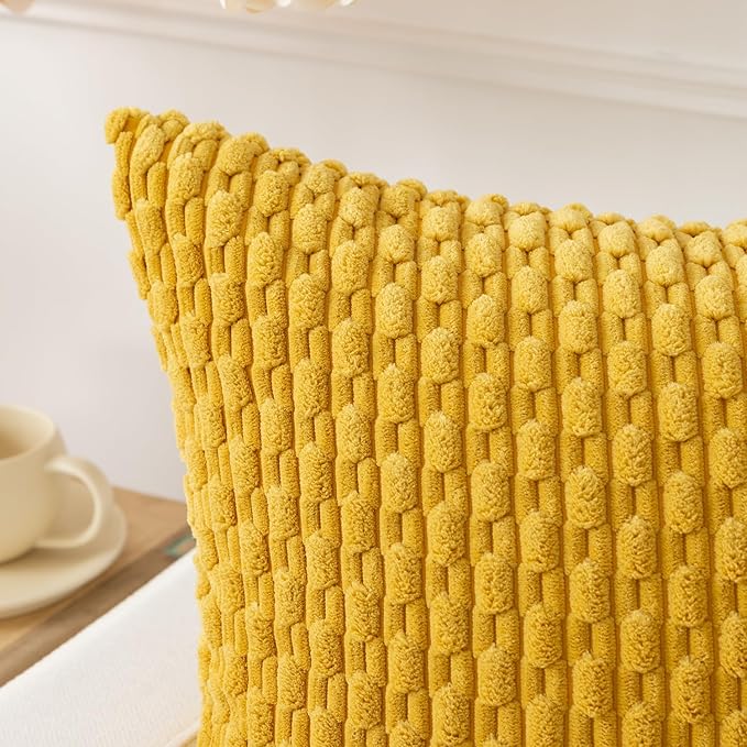 Kevin Textile Throw Pillow Covers Soft Corduroy Decorative Set of 2 Boho Striped Pillow Covers Pillowcases Farmhouse Home Decor for Couch Bed Sofa Living Room 16x16 Inch Mustard Yellow