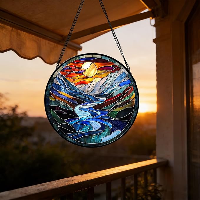 Stained Glass Window Hanging, Canyon Mountains Sunset View Sun Catcher for Window Home Decor Landscape Suncatcher Mother's Day Birthday Gifts for Women Men Mom and Nana 9.8 in