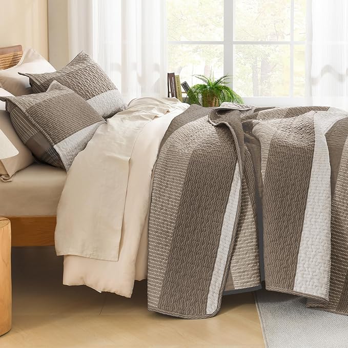 Litanika California King Quilt Set Hazel - Cal King Oversized Stripe Comforter Bedspreads & Coverlets - Soft Lightweight Quilted Bedding Set for All Season(1 Quilt, 2 Pillowcases)