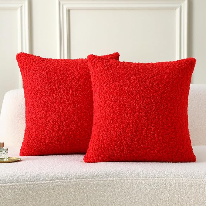 FUTEI Christmas Red Throw Pillow Covers 24x24 Inch Set of 2,Furry Faux Fur Teddy Boucle Textured Cushion Covers,Soft Fluffy European Pillow Shams,Home Decor for Couch Bed Living Room Office Car