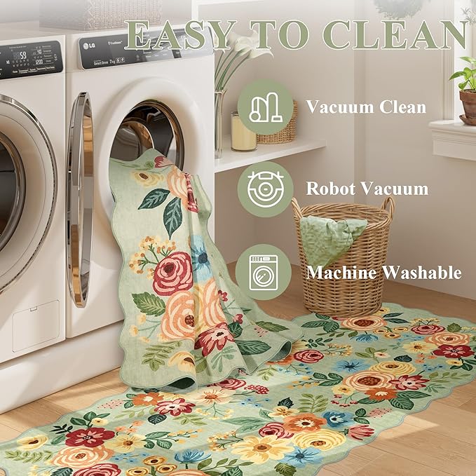 DUKINO 5x7 Area Rug, Floral Washable Rugs for Living Room with Non Slip Backing & Non-Shedding, Lightwight Low Pile Boho Design Large Carpets for Bedroom, Living Room, Dining Room, Green