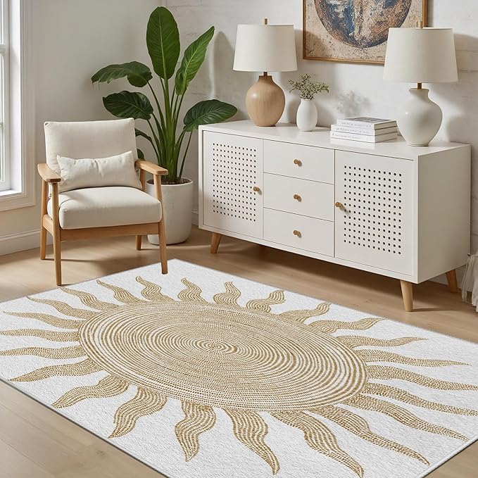 Boho Washable Rugs for Bedroom 4x6, Modern Sun Print Soft Minimalism Area Rug, Non Slip Low Pile Abstract Carpet for Classroom Living Room Decor Dining Room Sofa Kids Nursery Room, Beige Yellow
