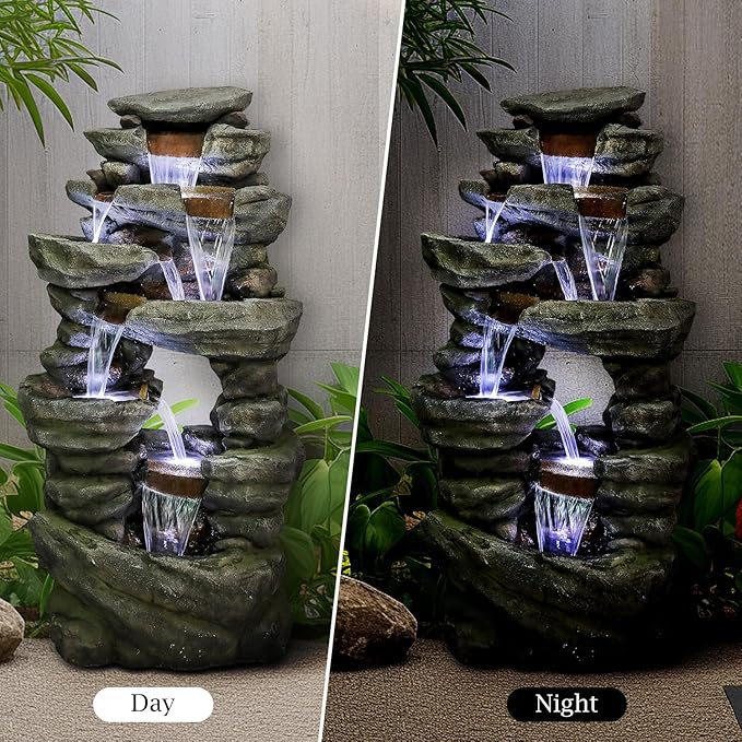 SunJet 60" High 7-Tiers Cascading Rock Outdoor Water Fountain with LED Lights - Large Outdoor Fountains and Waterfalls for Garden or Patio, Yard, and Deck Decor, Featuring Natural Stone Look