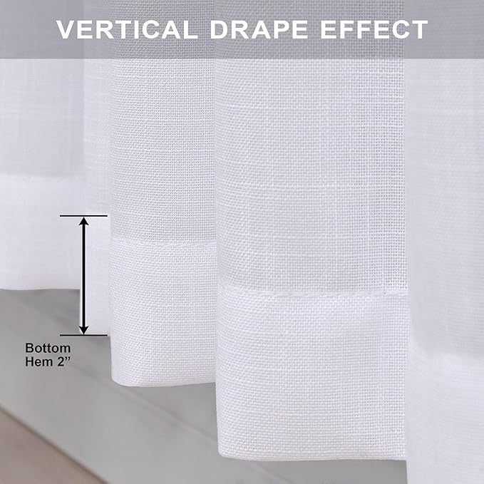Pitalk White Linen Sheer Drape 104 Inch Curtains for Living Room Custom Curtains 2 Panels Set Back Tab Pleated Modern Farmhouse Light Filtering Ceiling to Floor for Large Window 52 x 104 Long Curtain