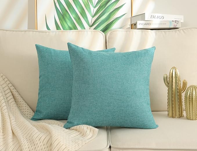 Stellhome Burlap Throw Pillow Covers Textured Farmhouse Pillowcase 20x20 inch Decorative Linen Cushion Covers for Bed Couch Sofa Bench, Set of 2, Blue Green
