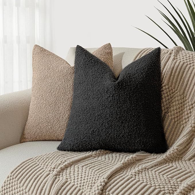 Foindtower Decorative Textured Boucle Throw Pillow Covers Accent Solid Pillow Cases Neutral Soft Cozy Couch Cushion Case for Chair Sofa Bedroom Living Room Home Decor 16x16 Inch,1PC,Black